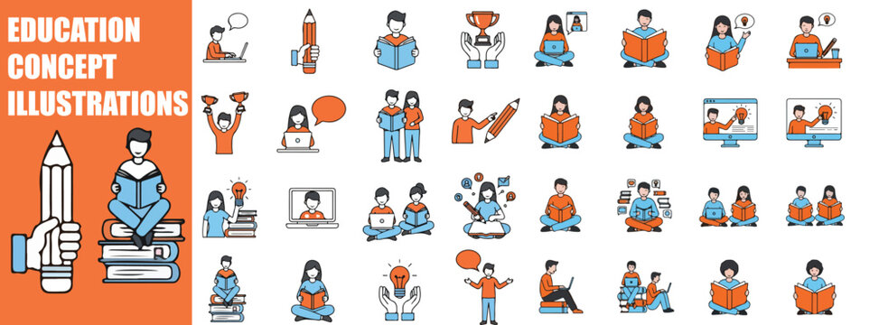 Vibrant Education and Learning Concept Vector Illustrations: A Diverse Set of People in Activities like Reading, Online Courses, Training, and Academic Collaboration for Back to School, E-Learning Pla