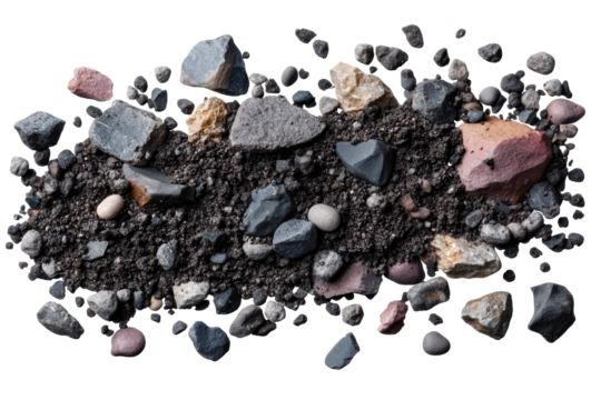 Assorted Rocks And Soil. Geological Composition And Earth Science Study Isolated On Transparent Background