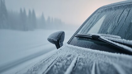 Frosted car windshield wiper concept dangerous winter driving season. Snow covered car with frosted window covered in ice. Winter weather conditions, cold temperatures, snowy road, frozen vehicle,