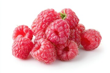 Close-up raspberry cluster isolated on white with soft natural texture.