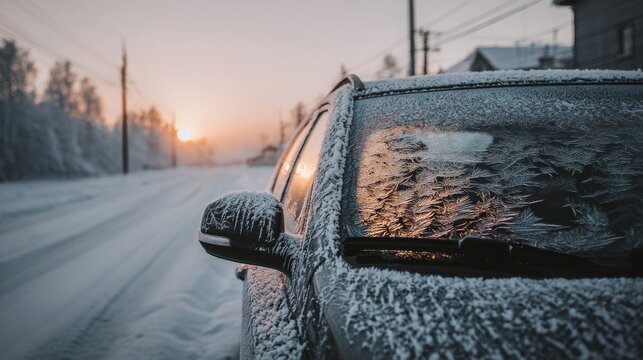 Frosted car windshield wiper concept dangerous winter driving season. Snow covered car with frosted window covered in ice. Winter weather conditions, cold temperatures, snowy road, frozen vehicle,