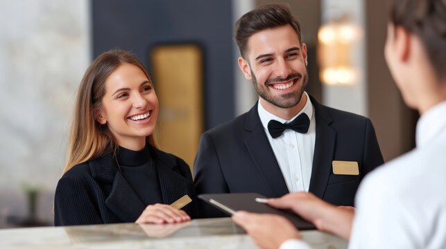 A cheerful couple stands at the hotel reception, greeted warmly by a friendly staff member. The atmosphere is welcoming, reflecting the excitement of their arrival at the destination