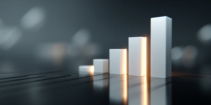3D rendering of ascending white bar graph with glowing edges on reflective surface in dark environment
