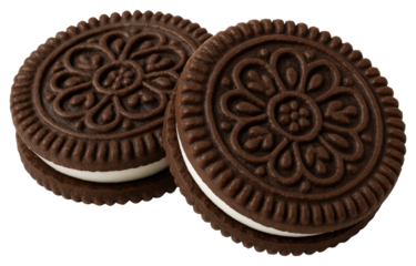 Two Chocolate Sandwich Cookies with Cream Filling on White Background graphic design isolated on a transparent background
