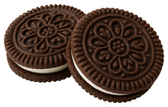 Two Chocolate Sandwich Cookies with Cream Filling on White Background graphic design isolated on a transparent background