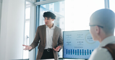 Speaker, businessman or presentation in office with screen, stats review or pitch for b2b strategy. Person, proposal and explain with tech for profit generation idea, financial investment and graphs.