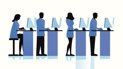 Diverse group of professionals collaborating and working efficiently at modern standing desks in a bright contemporary office environment promoting health and productivity