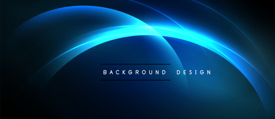 Abstract blue curves create dynamic light effect. Dark background emphasizes glowing shapes, modern design element.