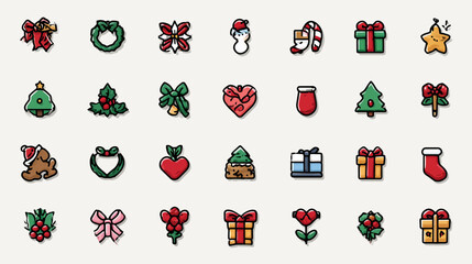 Obraz premium Festive Christmas and Winter Holiday Icons Set. Cute Cartoon Vector Illustrations of Seasonal Decorations, Gifts, and Symbols.