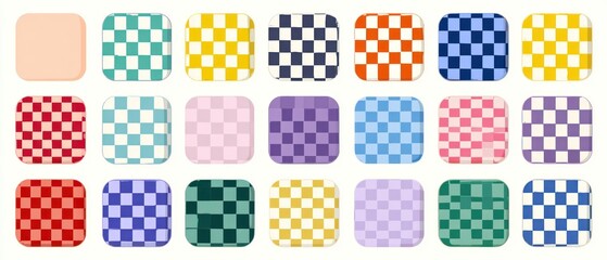 Collection of colorful checkerboard patterns in square shapes.