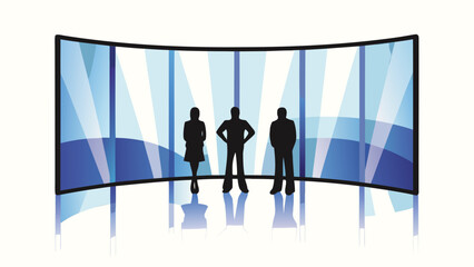 Modern architectural interior featuring a curved glass room with shadowy figures standing behind the transparent walls suggesting a sense of mystery or observation