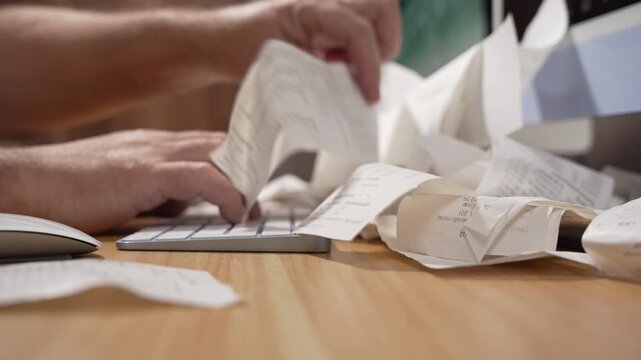 Man types on a keyboard while surrounded by crumpled paper receipts in this video. The clip illustrates chaotic bookkeeping or stressful tax season.