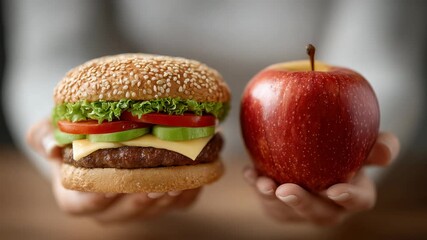 Choosing between a healthy apple and a delicious burger in a casual dining setting