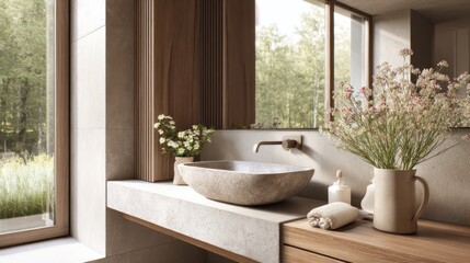 Fototapeta premium soft country contemporary bathroom full view, stone sink, wooden vanity, window with garden view, soft light, wildflowers in ceramic vase, earthy tones