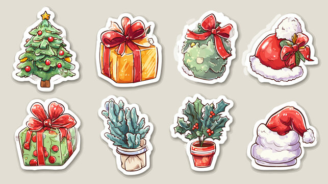 Watercolor Christmas Holiday Sticker Set with Tree, Gift Boxes, Santa Hats & Festive Botanical Elements - Isolated Illustration