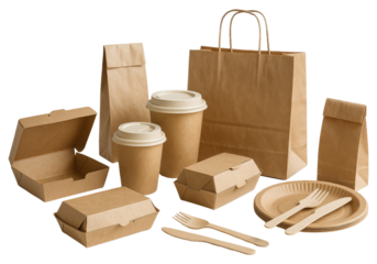 Variety Of Kraft Paper Food Packaging And Disposable Utensils isolated on a transparent background