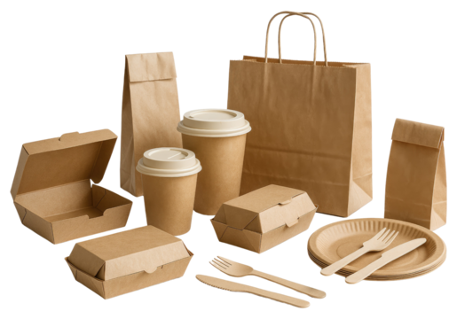 Variety Of Kraft Paper Food Packaging And Disposable Utensils isolated on a transparent background