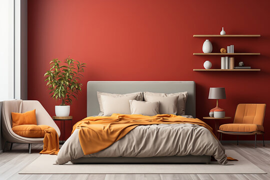 Modern bedroom with red accent wall, neutral bedding, orange blanket, and minimalist furniture creating a cozy and stylish atmosphere with warm tones and natural light.