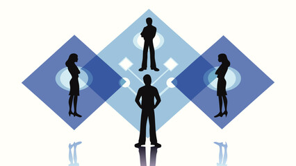 Four diverse silhouettes standing in a diamond formation representing unity teamwork and community in a modern vector design