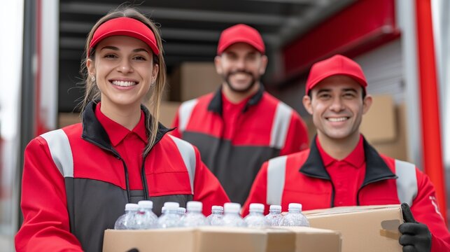 Brightly dressed volunteers smile as they pack water bottles into boxes, ready to help those in need. Their teamwork highlights the spirit of community support and kindness