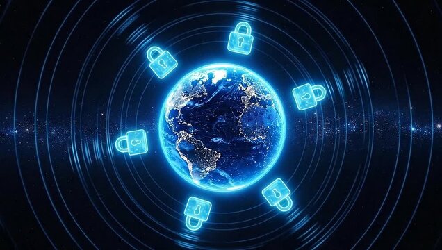 Global Network Security - Digital Earth Surrounded by Padlock Icons.