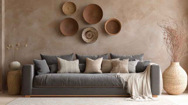 soft country contemporary living room, graphite cotton sofa, clay wall with ceramic plates, wool throw blanket, warm ambient light, natural tones