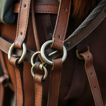 close up of string and leather straps of pack girth and strap metal round rings and buckles brown leather and string girth tack for horse packing vertical image
