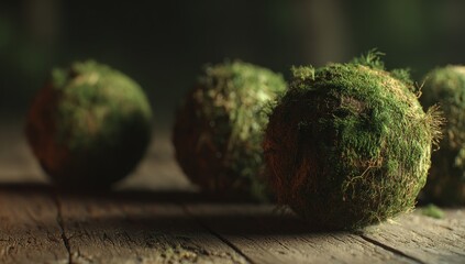 Close-up of moss-covered spheres on a wooden surface.