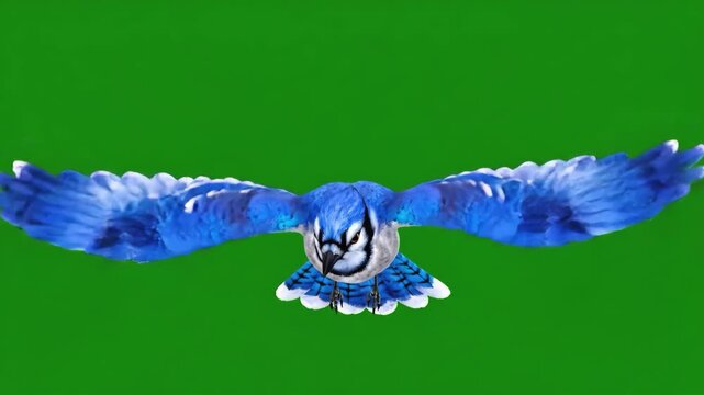 Blue Jay Flight Focused Bird Gliding on Green Screen with Avian.