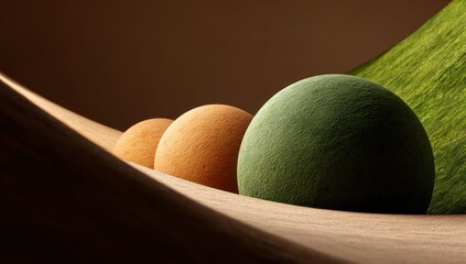 Three textured spheres arranged on a curved surface.