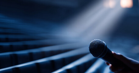 Close-up of a hand holding a microphone with empty auditorium seats and spotlight beams in the background