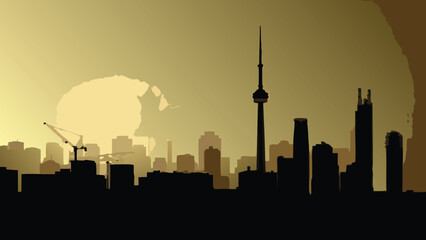 A vibrant vector illustration capturing the iconic downtown toronto skyline at dusk showcasing modern skyscrapers and urban architecture from across the water