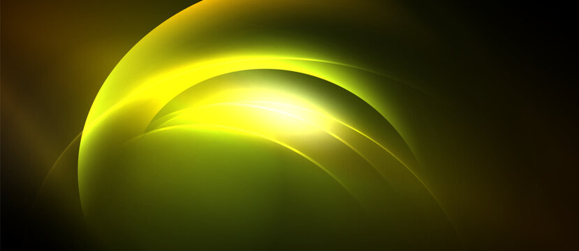 Abstract yellow curves radiate from bright center. Smooth gradients create dynamic, flowing visual effect. Dark background emphasizes luminosity.