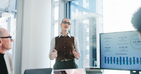 Presentation, screen or businesswoman in office with proposal, stats review and plan for b2b strategy. People, talking and pitch with tech for profit generation idea, financial investment and graphs.