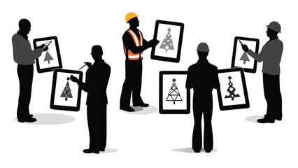 Engineers and architects collaborate on a futuristic city design showcasing innovative urban planning and advanced technology in a vibrant vector illustration