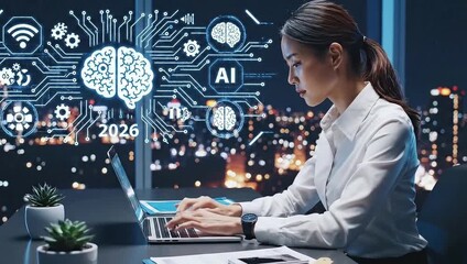 Focused businesswoman works late on laptop with AI brain hologram in modern office overlooking city lights - Powered by Adobe