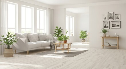 Bright and airy living room with a comfortable sofa, potted plants, and natural light streaming through large windows.