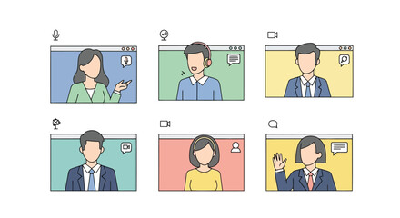 Illustration of six diverse people in a video conference call grid, communicating and collaborating online, representing remote work and virtual meetings