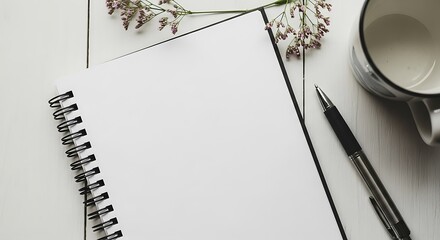 A blank spiral notebook with a pen and a small floral arrangement on a white wooden surface