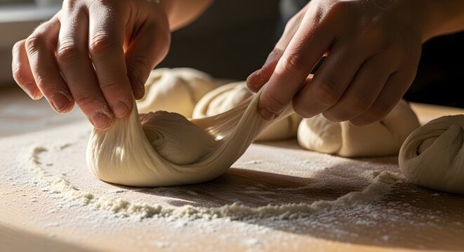 Dynamic shot capturing hands in mid-motion shaping multiple buns on a floured surface