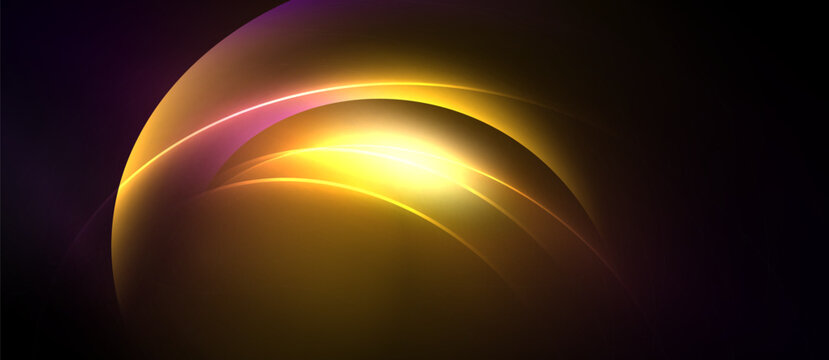 Abstract golden layers create luminous effect. Dark background emphasizes bright curves, smooth transitions. Modern design element.