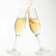 High-quality close-up image of two champagne glasses clinking together, creating a dynamic golden splash with bubbles. Isolated on a clean white background, this celebratory scene is perfect for theme