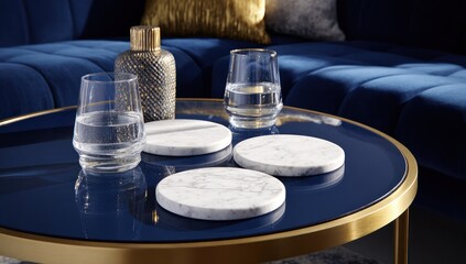 Marble coasters and drinking glasses on a blue glass coffee table.