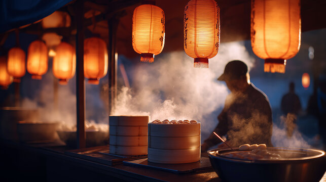 Cinematic shot of a street food vendor preparing dumplings under glowing lanterns with steam rising in golden hour light