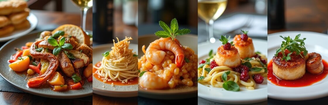 Gourmet food collage. Featuring seafood pasta, shrimp risotto, grilled meat, and seared scallops. Beautiful plating of various fine dining dishes. Delicious culinary art.
