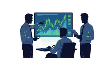 Illustration of three businessmen analyzing a stock market graph on a large monitor