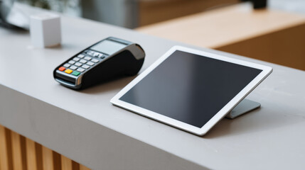 Modern payment terminal and digital tablet on a clean countertop in a retail or service environment with natural lighting