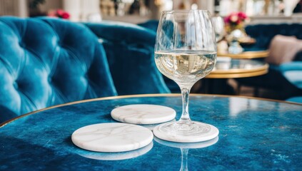 White wine glass on a marble coaster atop a teal table.