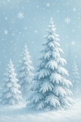 Obraz premium Snow-covered pine trees in a serene winter landscape with falling snow and a soft blue background.