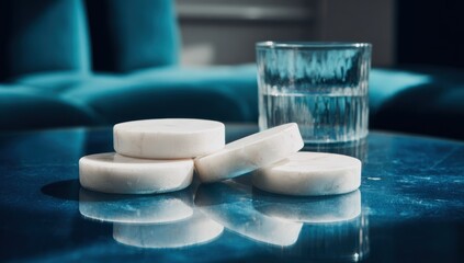 White marble discs stacked on a teal surface.